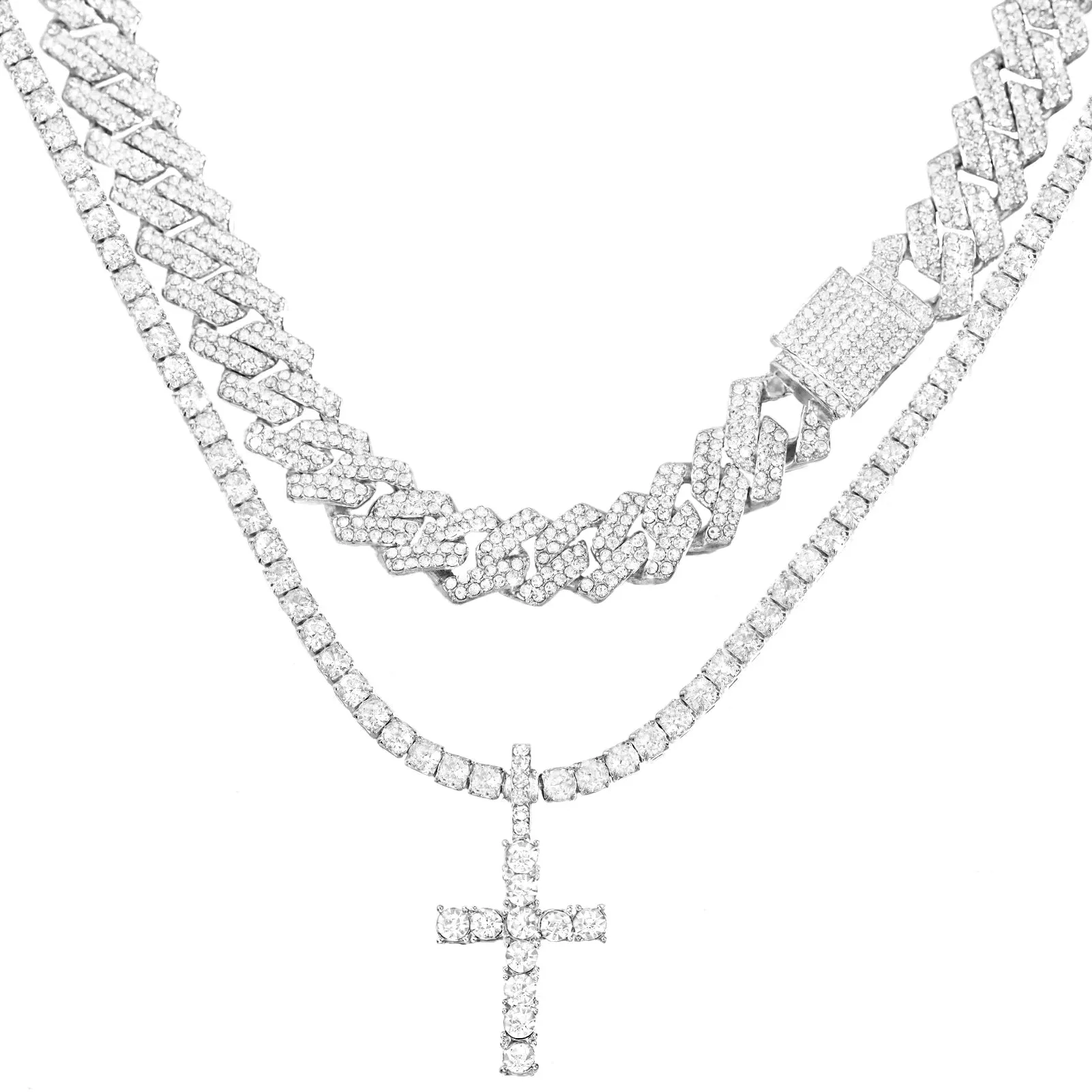 Iced Out 2-Row Cuban Link Chain Set - 14MM Prong Cross Tennis Necklaces for Men & Women, Hip Hop Couple Jewelry