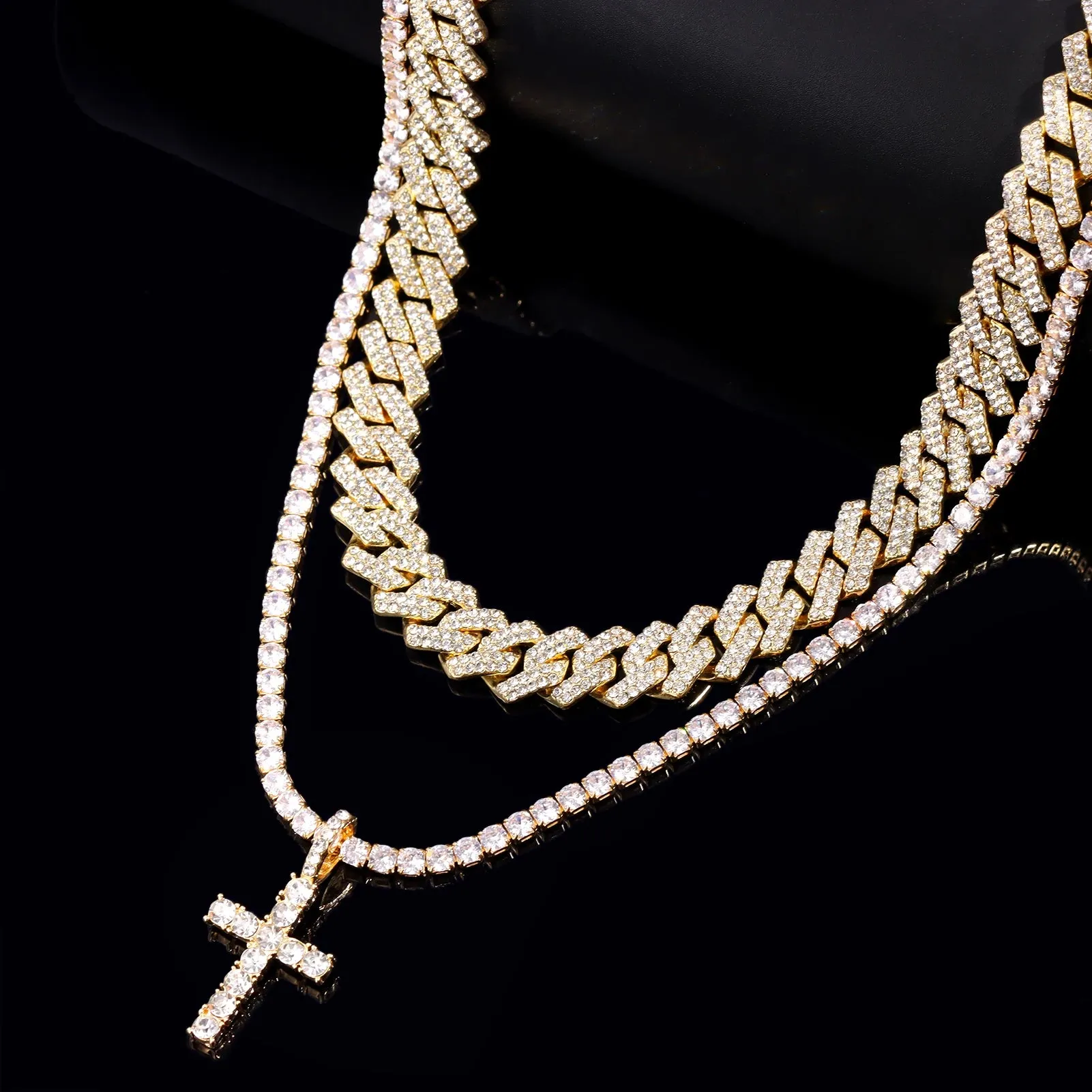 Iced Out 2-Row Cuban Link Chain Set - 14MM Prong Cross Tennis Necklaces for Men & Women, Hip Hop Couple Jewelry