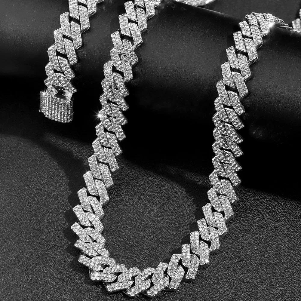 Iced Out 2-Row Cuban Link Chain Set - 14MM Prong Cross Tennis Necklaces for Men & Women, Hip Hop Couple Jewelry