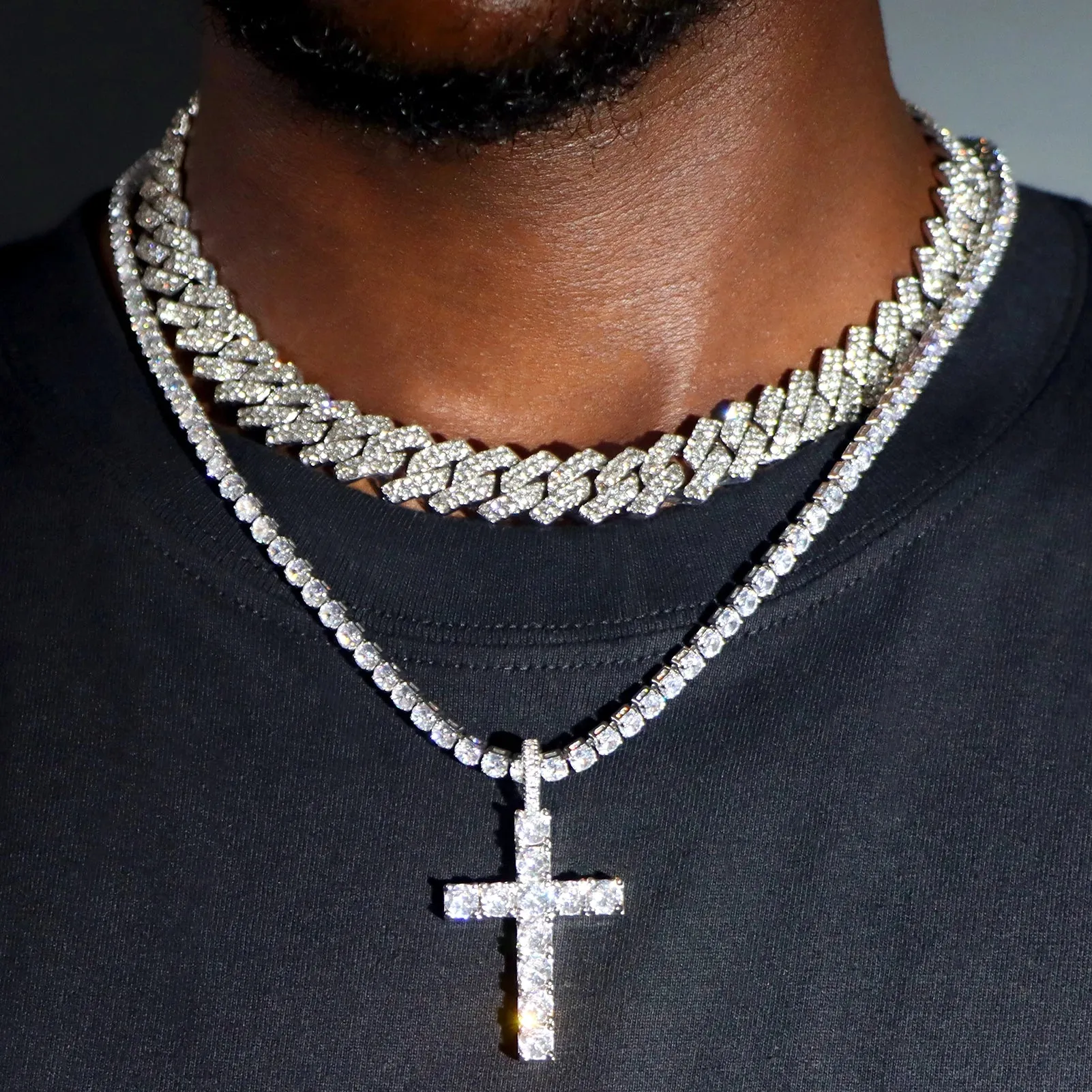 Iced Out 2-Row Cuban Link Chain Set - 14MM Prong Cross Tennis Necklaces for Men & Women, Hip Hop Couple Jewelry