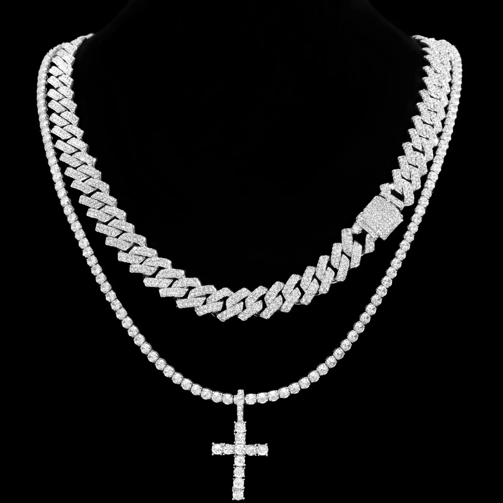 Iced Out 2-Row Cuban Link Chain Set - 14MM Prong Cross Tennis Necklaces for Men & Women, Hip Hop Couple Jewelry