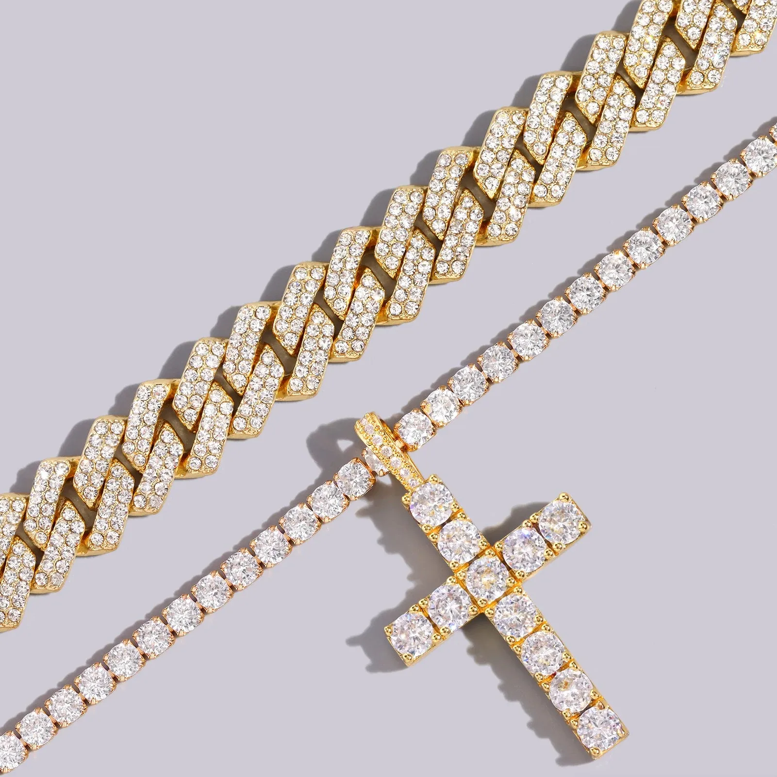 Iced Out 2-Row Cuban Link Chain Set - 14MM Prong Cross Tennis Necklaces for Men & Women, Hip Hop Couple Jewelry