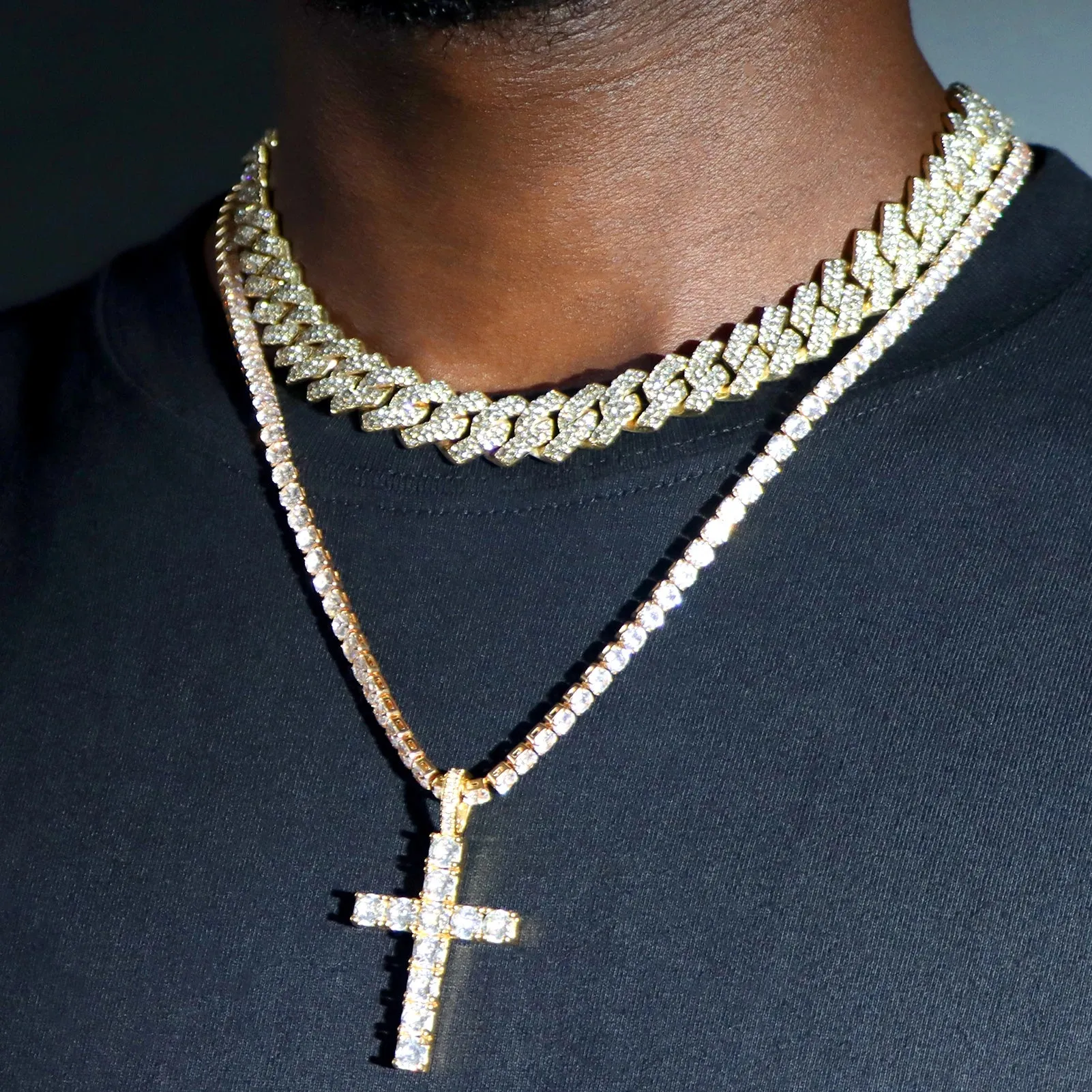 Iced Out 2-Row Cuban Link Chain Set - 14MM Prong Cross Tennis Necklaces for Men & Women, Hip Hop Couple Jewelry