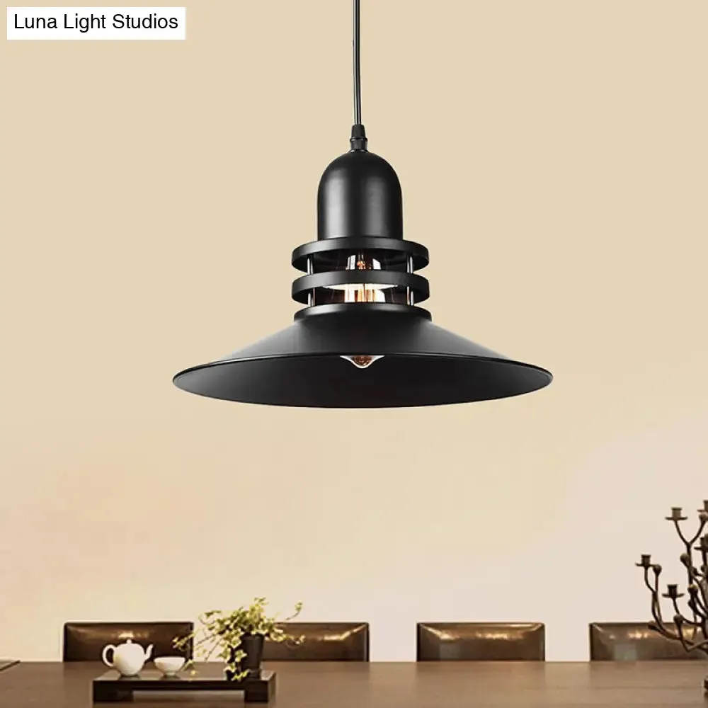 Iron Industrial Pendant Lamp with Cutout Design - Saucer Dining Table Light, 1-Bulb Black Suspension lighting