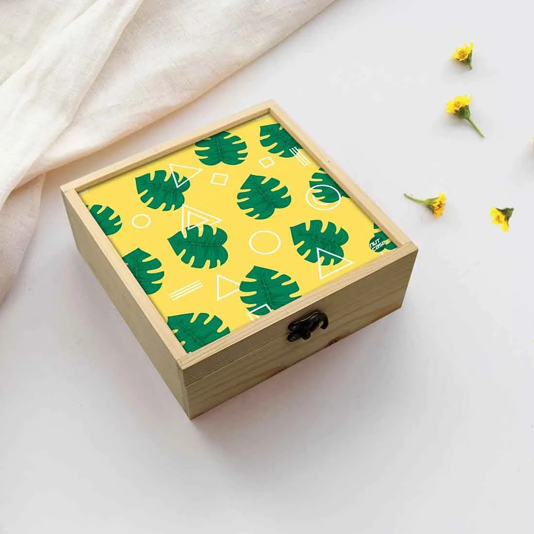 Jewellery Box Makepup Organizer -  Green Monstera Hipster Yellow