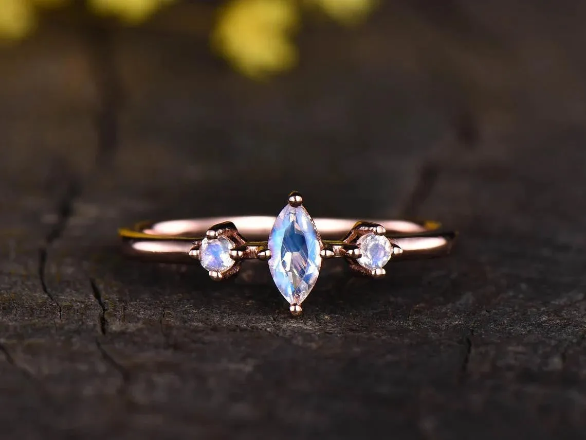 Marquise Moonstone Engagement Ring rose gold three stone moonstone ring