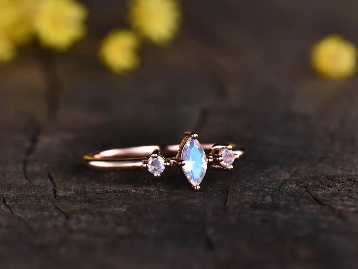 Marquise Moonstone Engagement Ring rose gold three stone moonstone ring