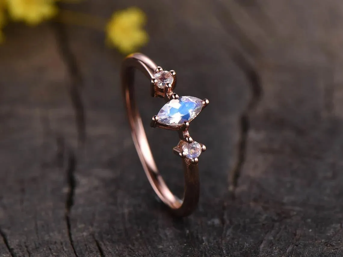 Marquise Moonstone Engagement Ring rose gold three stone moonstone ring