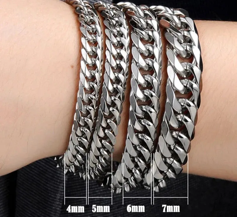 Miami Cuban Stainless Steel Chain Bracelet – 7mm Flat Curb Design for Men, Hip Hop & Rock Jewelry, Customizable, Wholesale Available