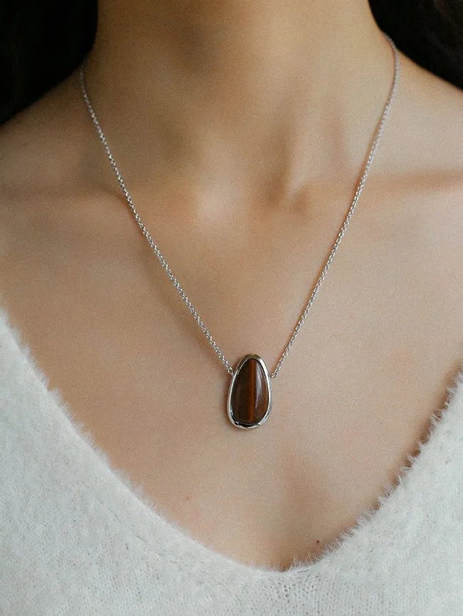 Minimalist 925 Silver Wood Grain Stone White Mother of Pearls Necklace