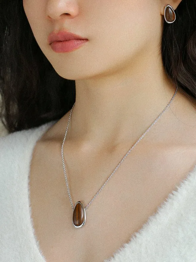 Minimalist 925 Silver Wood Grain Stone White Mother of Pearls Necklace