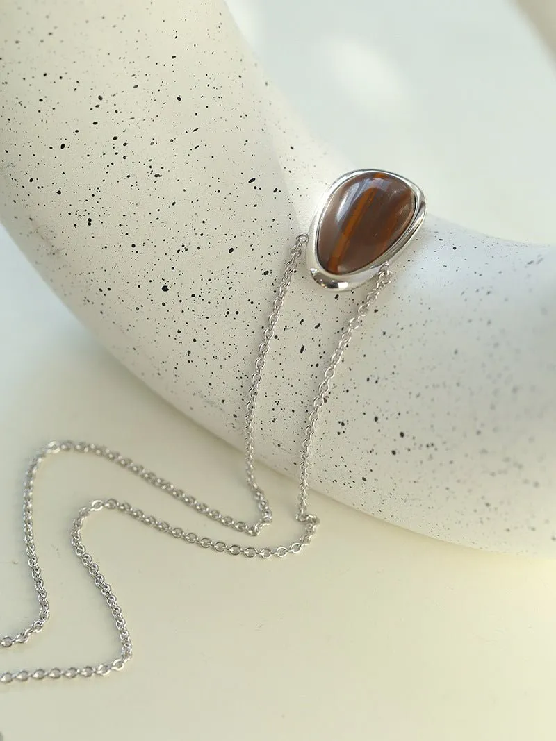 Minimalist 925 Silver Wood Grain Stone White Mother of Pearls Necklace