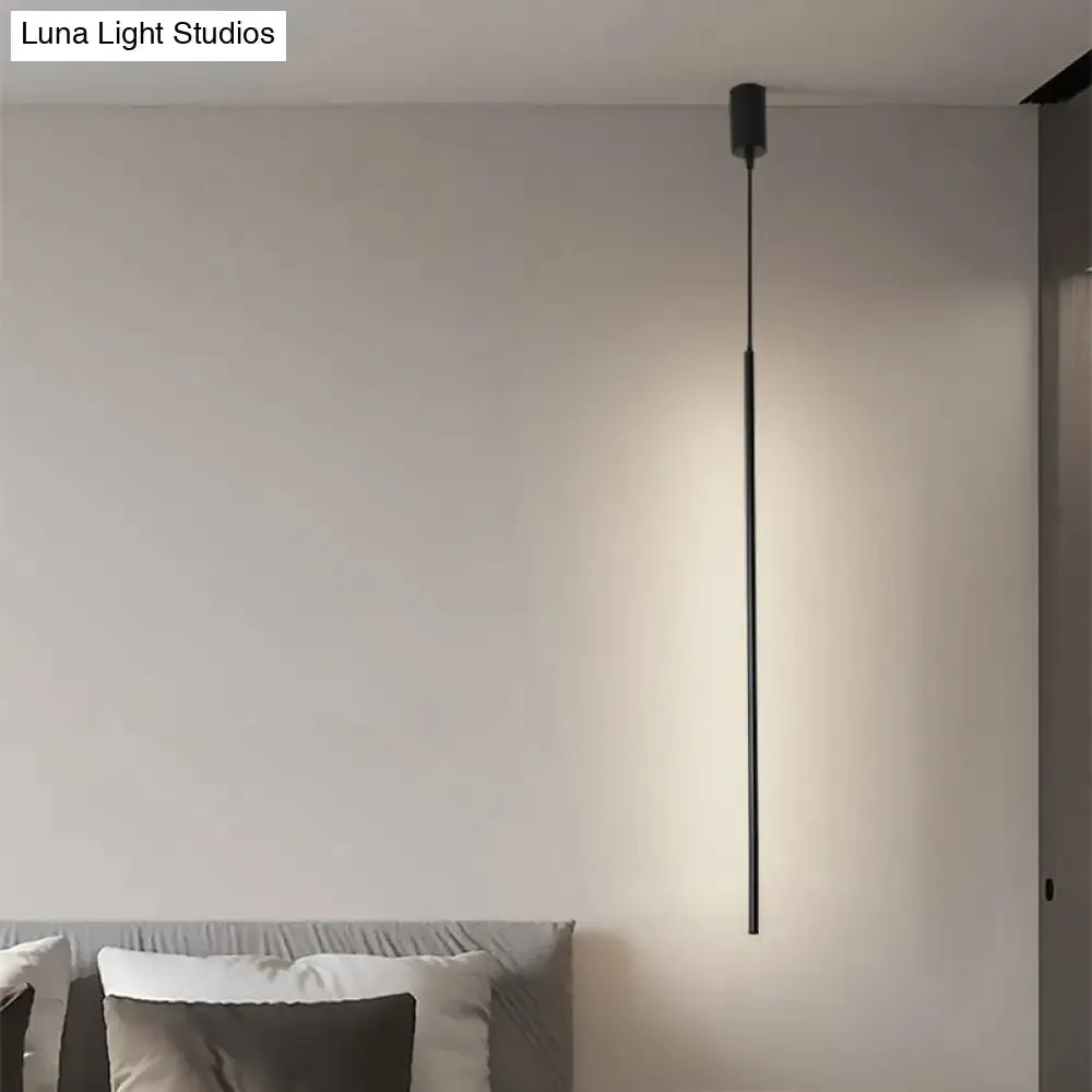 Minimalist Black LED Pendant Light with Acrylic Pole for Bedside Suspension