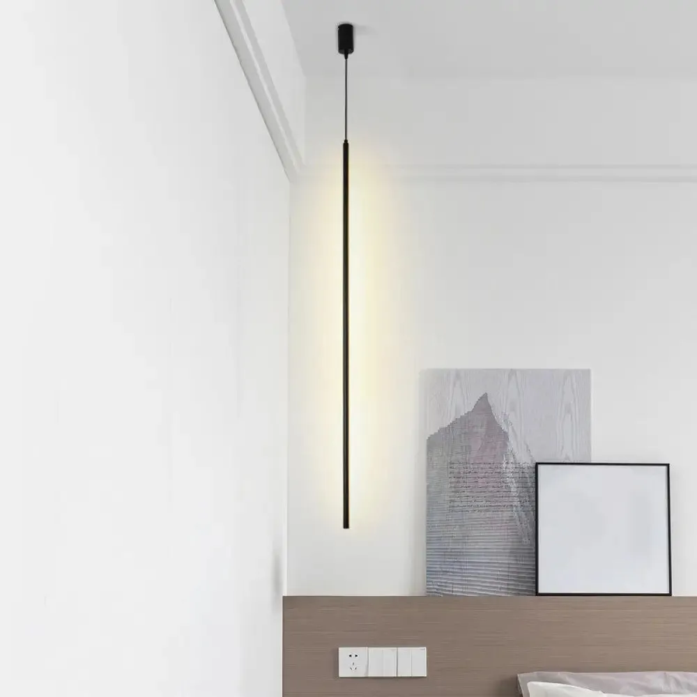 Minimalist Black LED Pendant Light with Acrylic Pole for Bedside Suspension