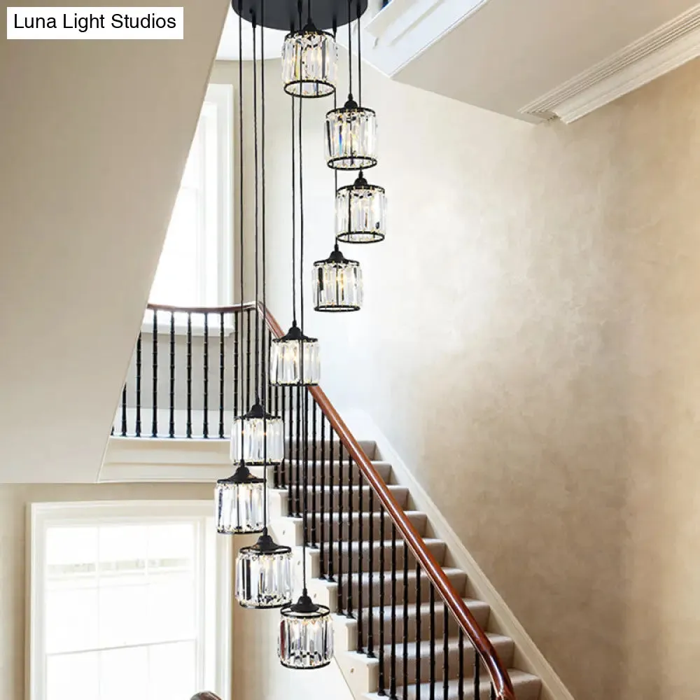 Minimalist Crystal Suspension Light for Staircase - Cylindrical MultiCeiling Lamp