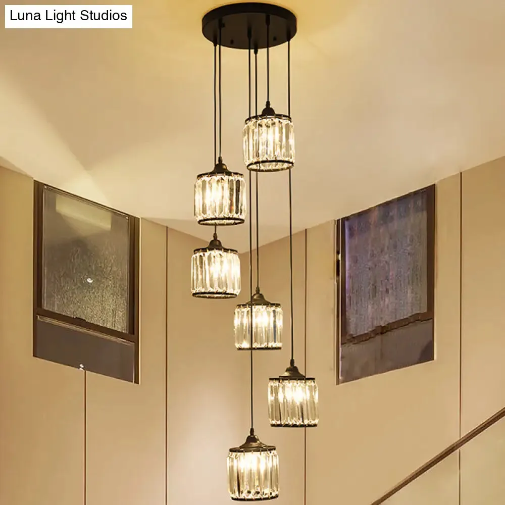 Minimalist Crystal Suspension Light for Staircase - Cylindrical MultiCeiling Lamp