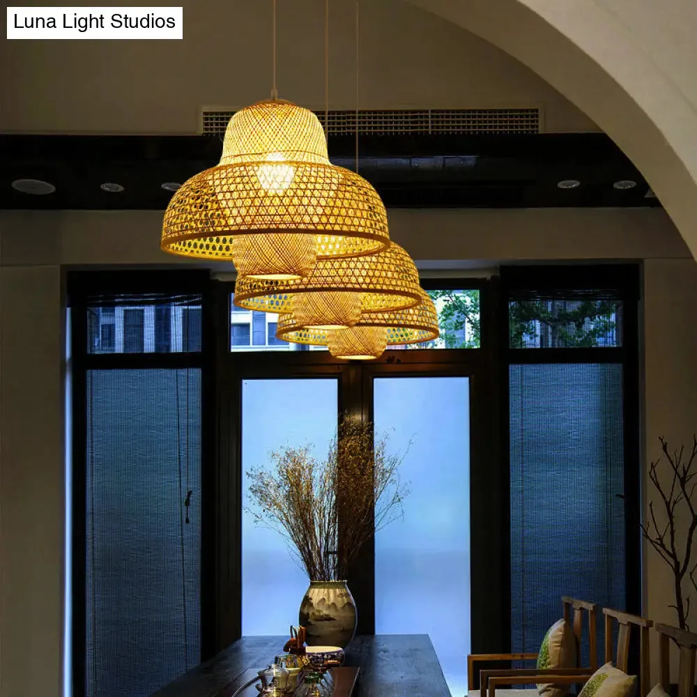 Minimalist Rattan Hot Pot Suspension Light with Wooden Pendant