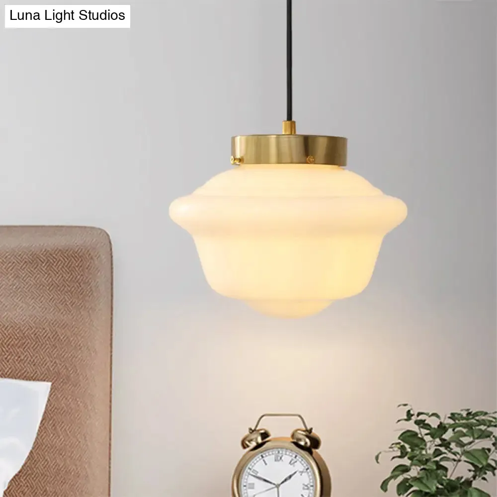 Minimalist Single Brass Hanging Ceiling Light - White Glass Pendant with Gyro Shape for Restaurants