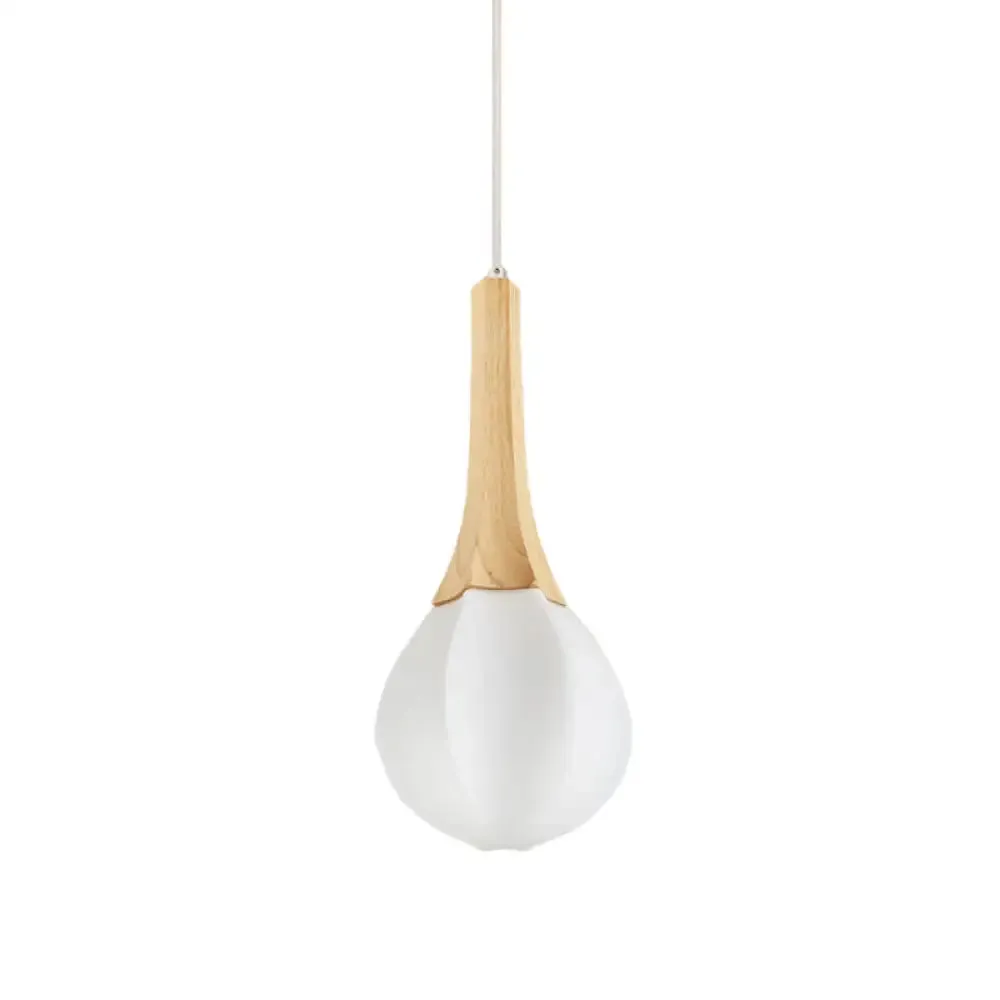 Minimalist Wood Ceiling Lamp with Milk White Glass Prismatic Teardrop Pendant and 1 Light Suspension