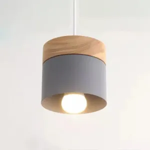 Minimalist Wood Pendant Light Fixture with Cylindrical Metal Lamp Design - Perfect for Table