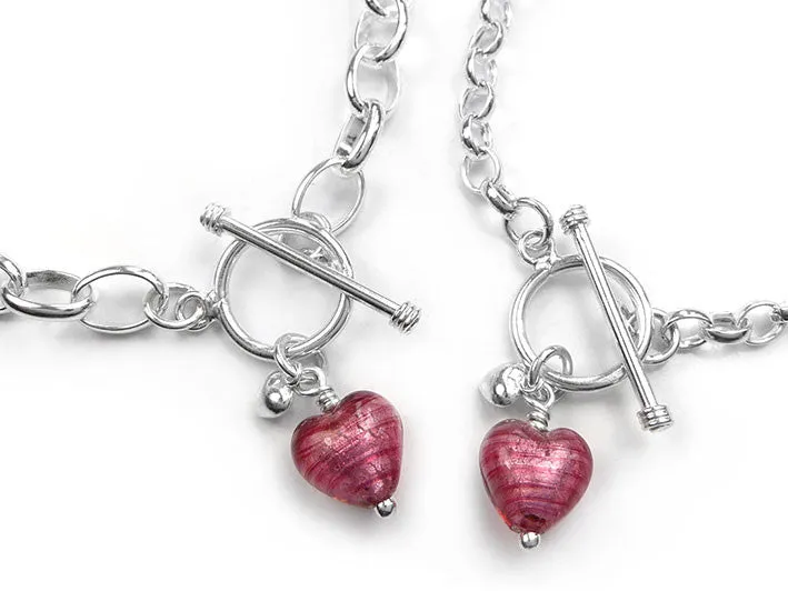 Murano Glass Heart Bracelet - Raspberry