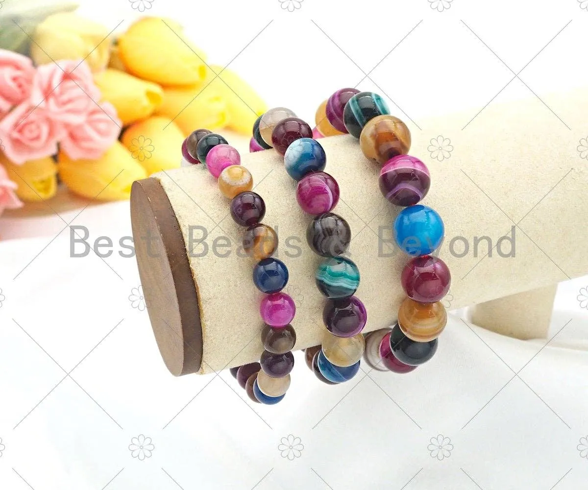 Natural Colorful Banded Agate Stretchy Bracelet, 8mm