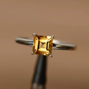 Natural Square Cut Citrine Prong Set Simple Promise Ring - 925 Sterling Silver Ring