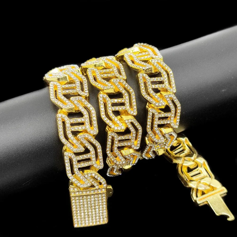 New 17mm Iced-Out Cuban Link Bracelet – Full Rhinestones Charms for Men & Women, Premium Hip Hop Jewelry Chain, Wholesale Gift