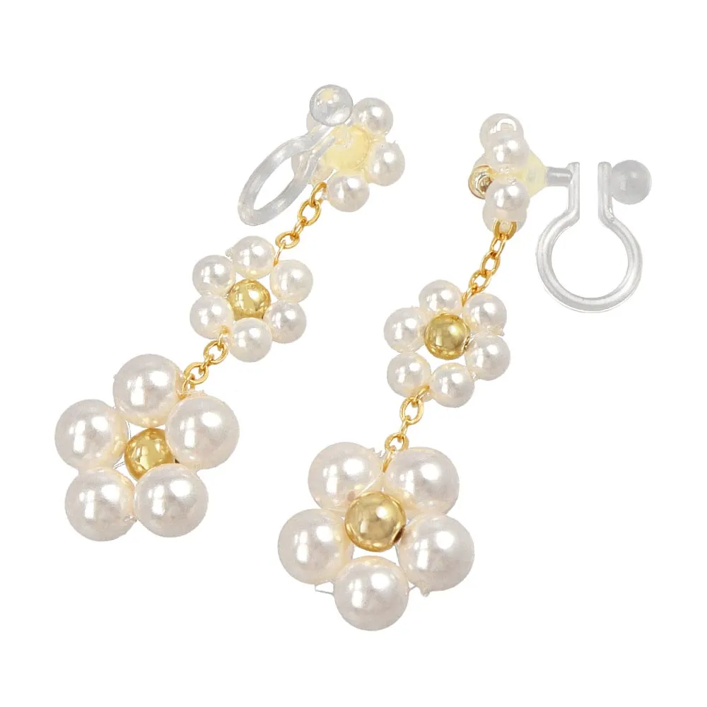 Pearl Flower Station Invisible Clip On Earrings