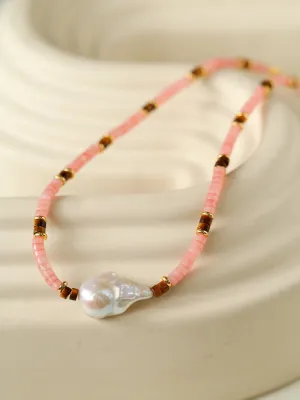 Pink Quartz Baroque Pearl Bead Necklace