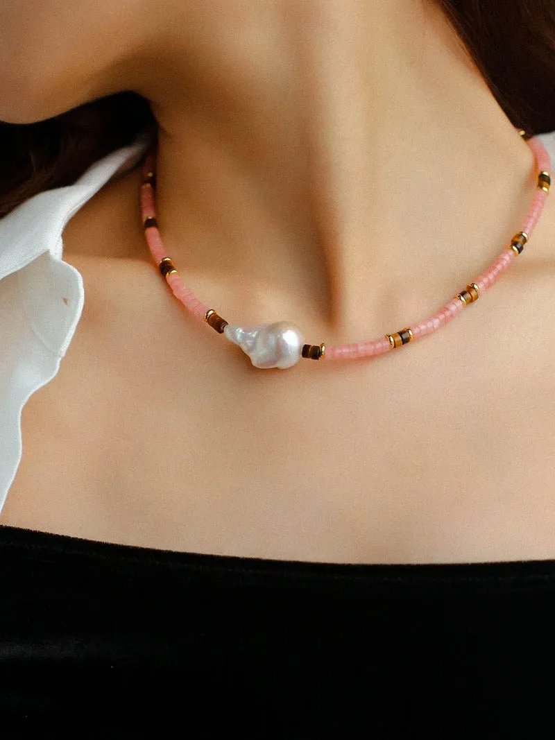 Pink Quartz Baroque Pearl Bead Necklace