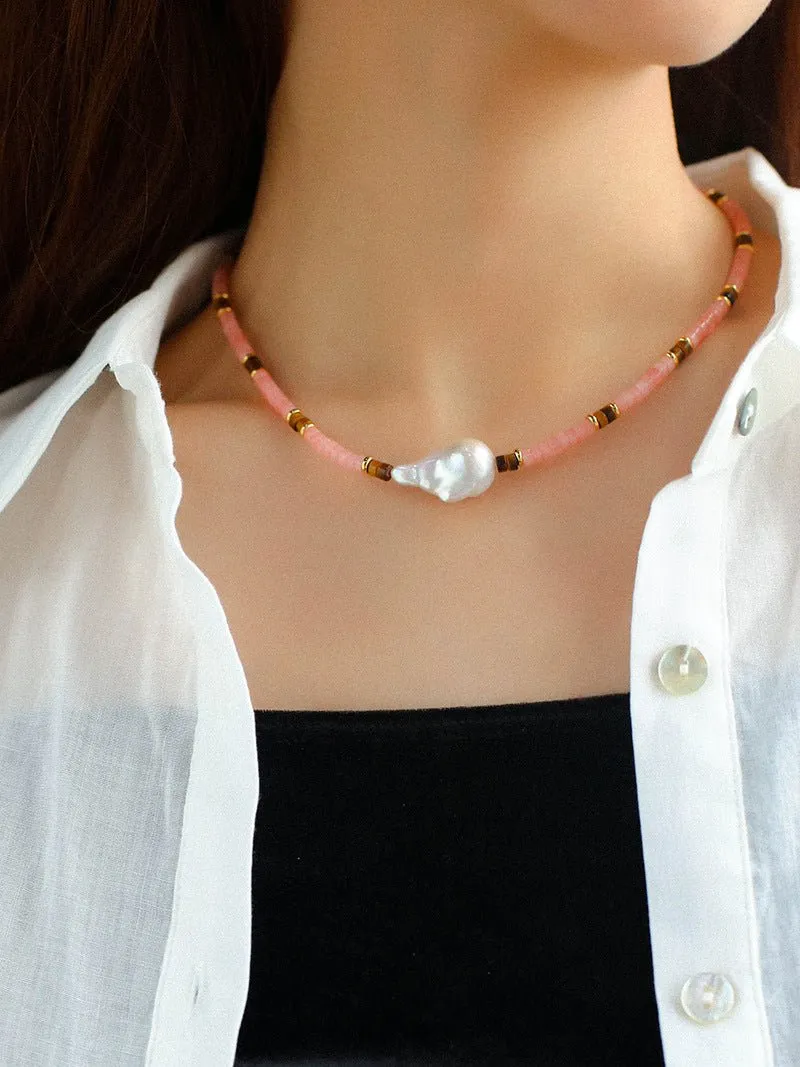 Pink Quartz Baroque Pearl Bead Necklace