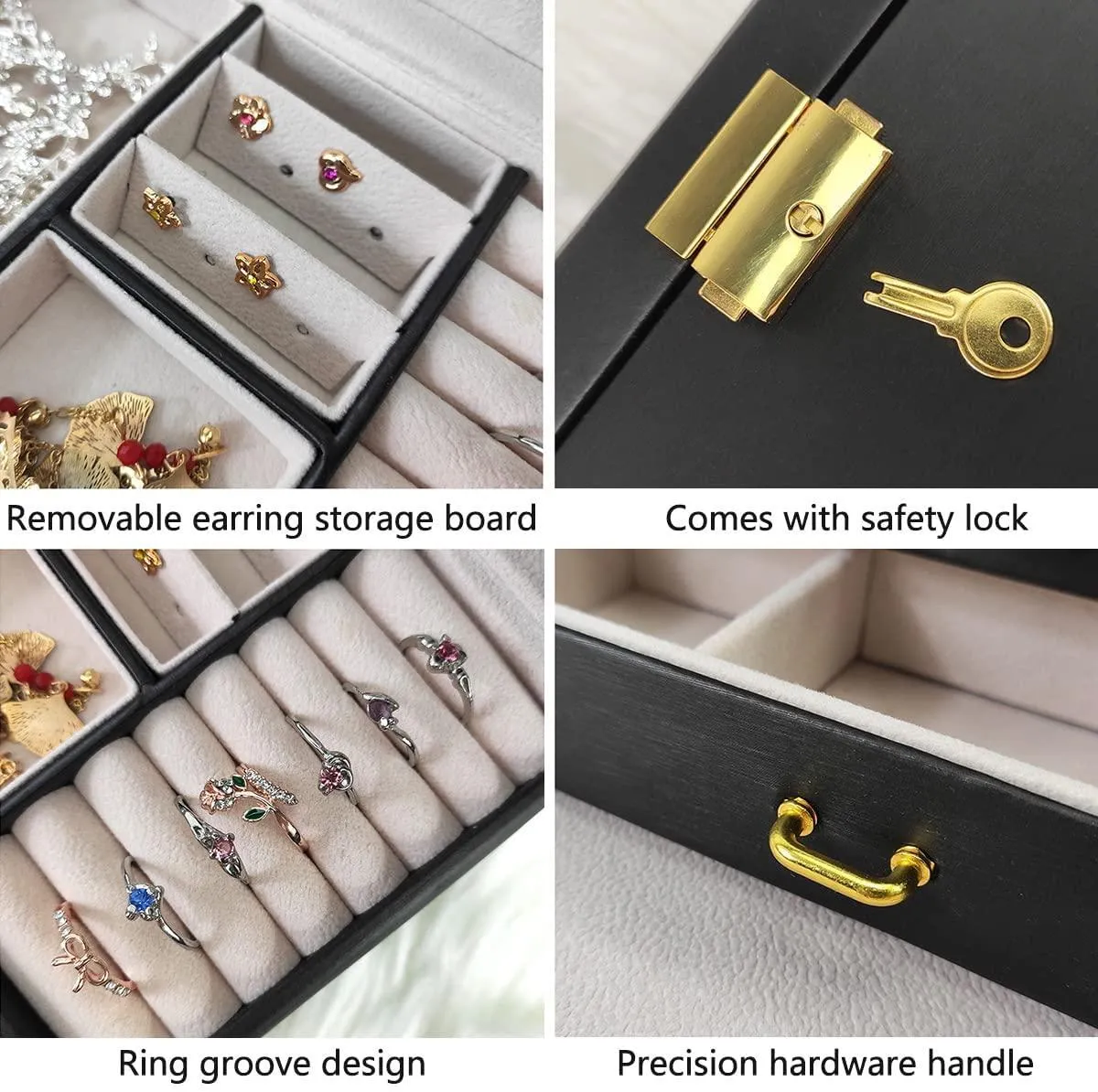 Portable Travel Jewelry box with three-layer PU leather storage box, mirror and lock