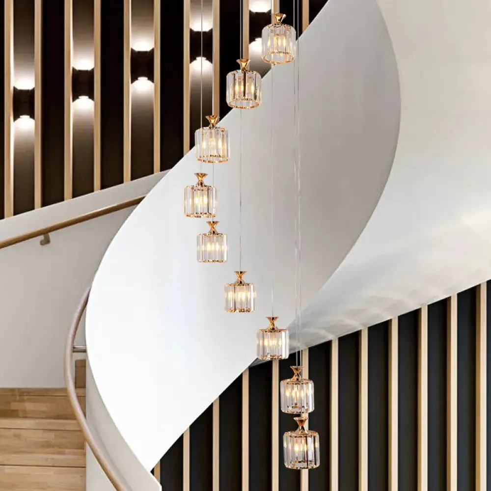 Prismatic Crystal Cylinder Pendant Light with 9 Bulbs for Staircase - Minimalistic and Elegant