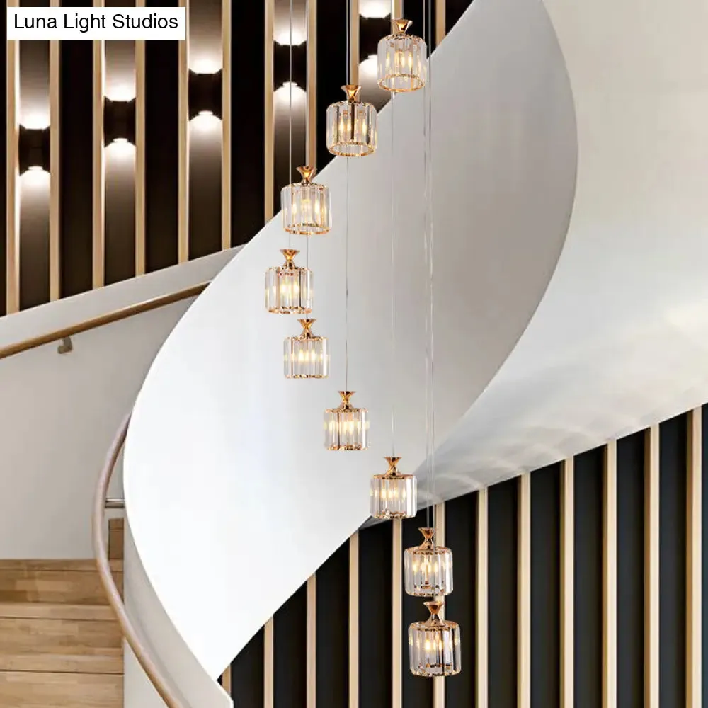 Prismatic Crystal Cylinder Pendant Light with 9 Bulbs for Staircase - Minimalistic and Elegant