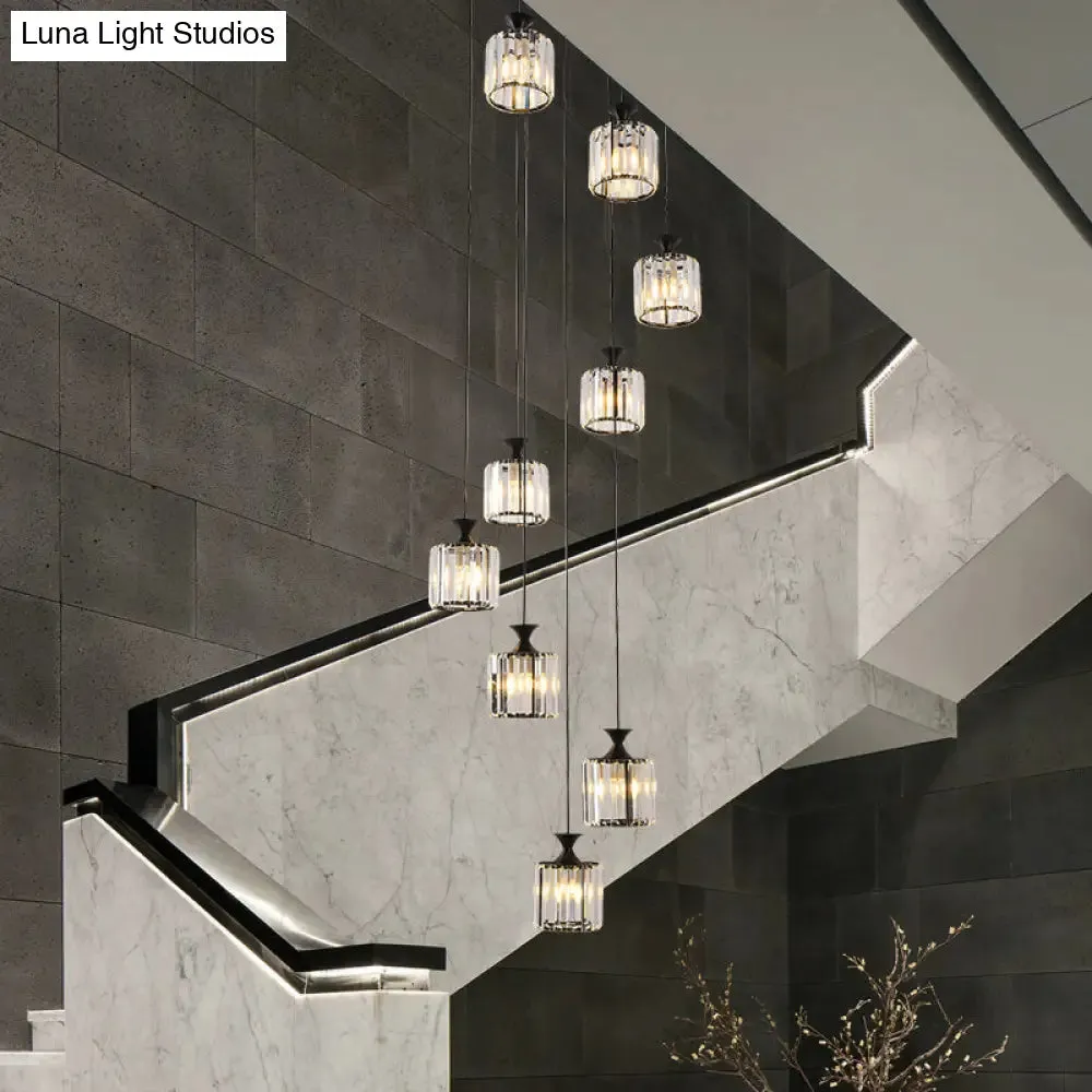 Prismatic Crystal Cylinder Pendant Light with 9 Bulbs for Staircase - Minimalistic and Elegant