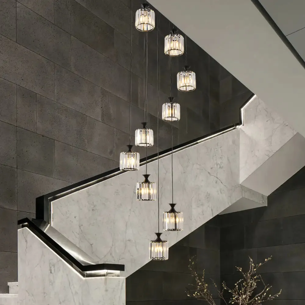 Prismatic Crystal Cylinder Pendant Light with 9 Bulbs for Staircase - Minimalistic and Elegant