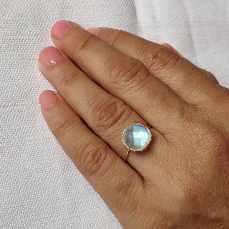 Rainbow Moonstone Cushion Cut Simple Bezel Set Ring - 14k Gold Vermeil Rings