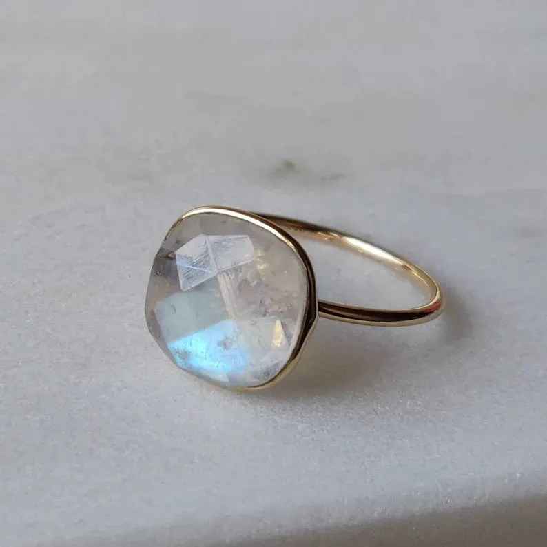 Rainbow Moonstone Cushion Cut Simple Bezel Set Ring - 14k Gold Vermeil Rings