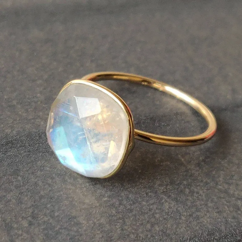 Rainbow Moonstone Cushion Cut Simple Bezel Set Ring - 14k Gold Vermeil Rings