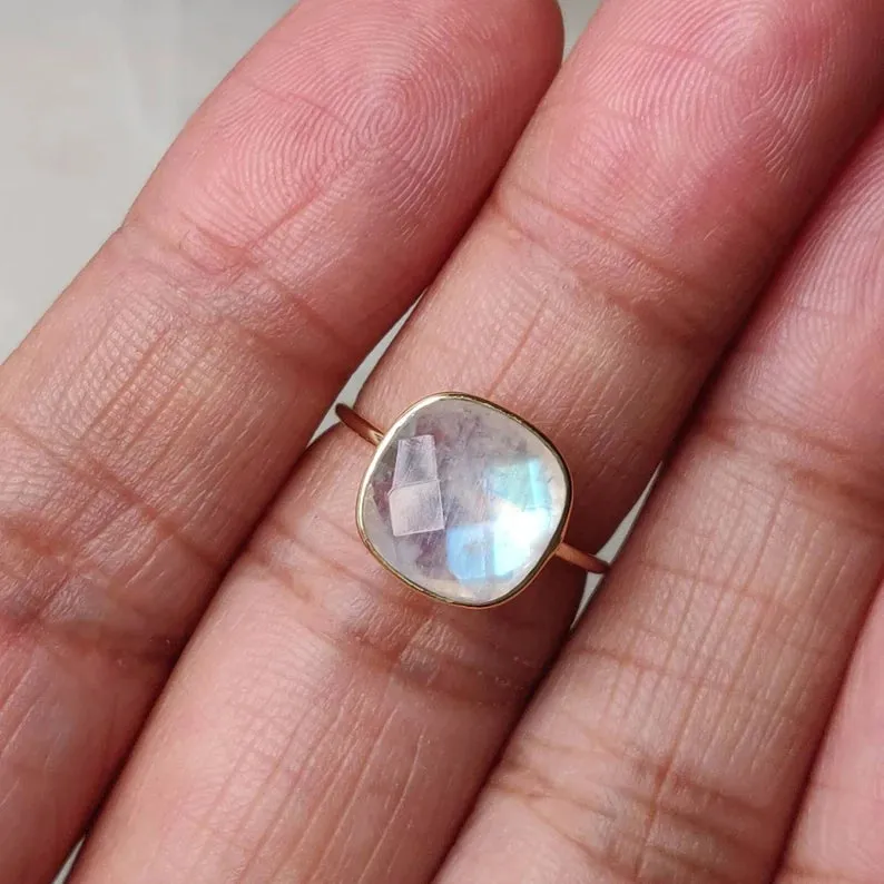 Rainbow Moonstone Cushion Cut Simple Bezel Set Ring - 14k Gold Vermeil Rings