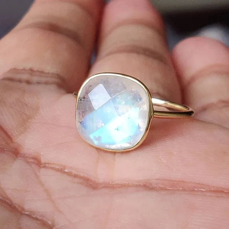 Rainbow Moonstone Cushion Cut Simple Bezel Set Ring - 14k Gold Vermeil Rings