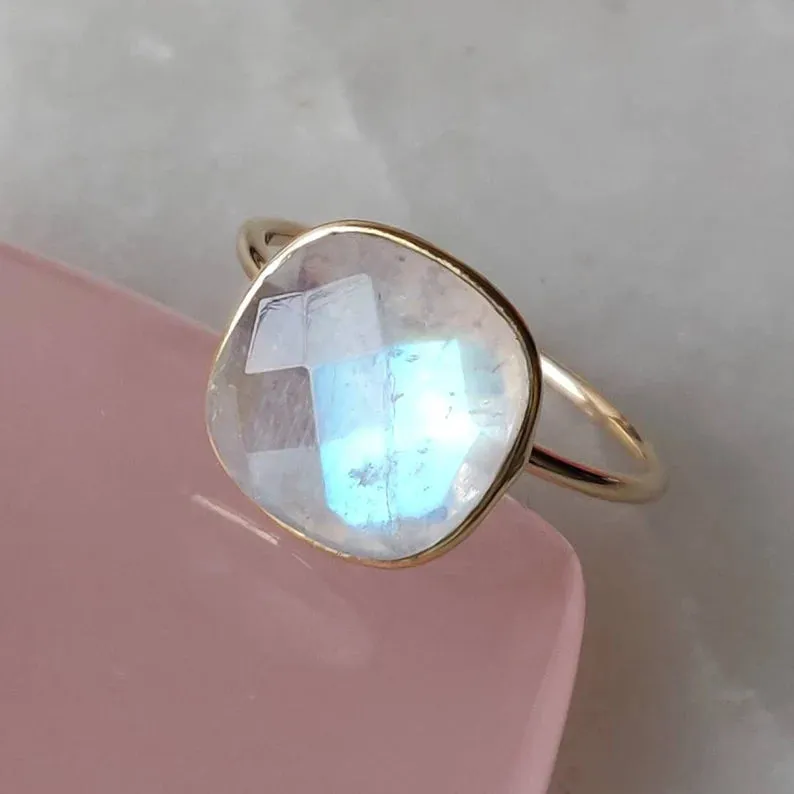 Rainbow Moonstone Cushion Cut Simple Bezel Set Ring - 14k Gold Vermeil Rings