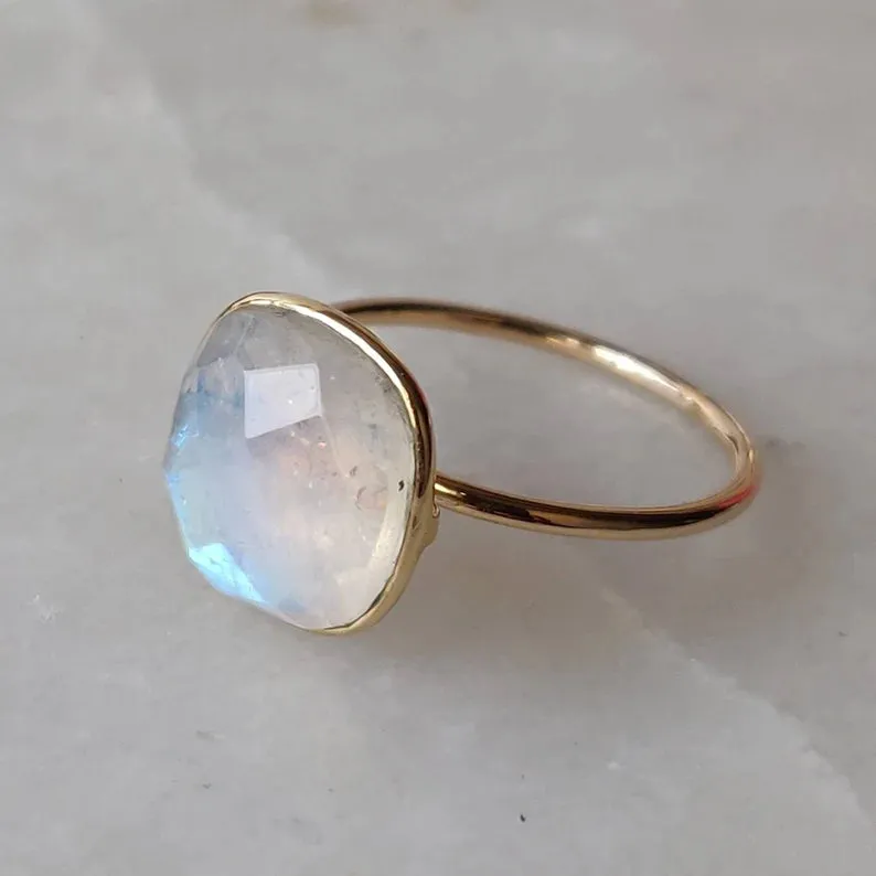 Rainbow Moonstone Cushion Cut Simple Bezel Set Ring - 14k Gold Vermeil Rings