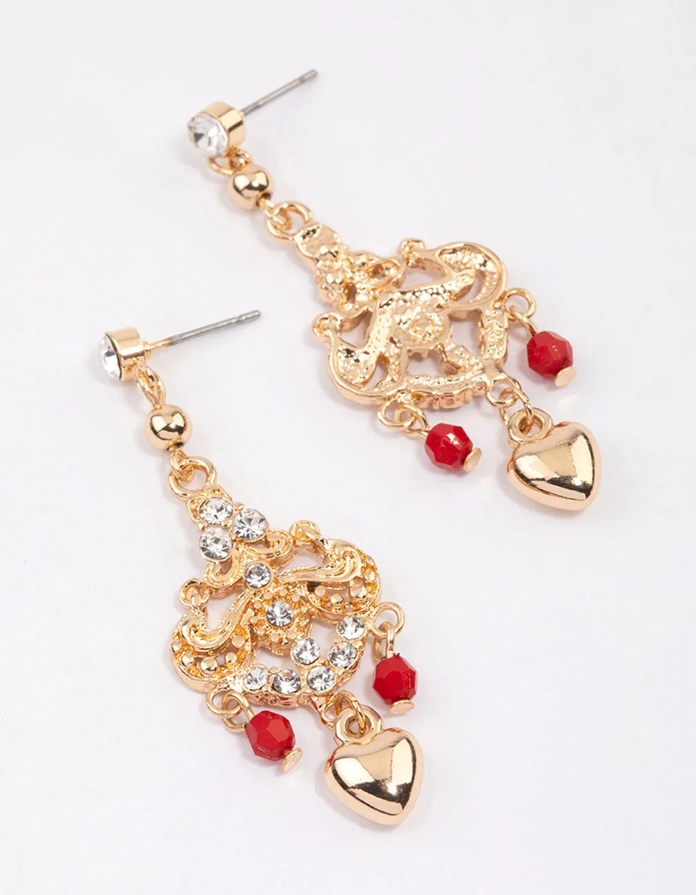 Red Ornate Beaded Heart Drop Earrings