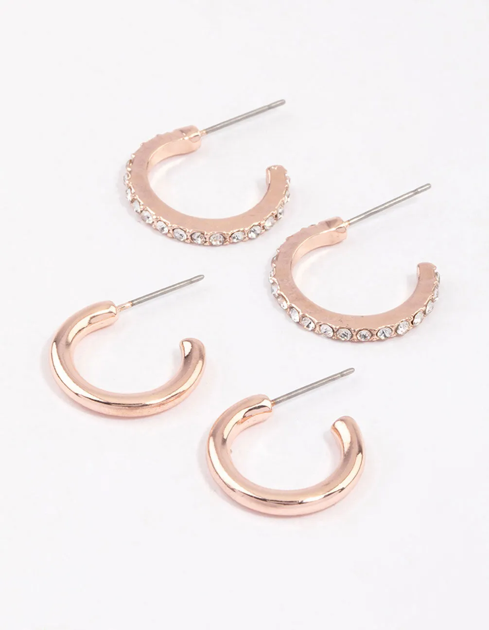 Rose Gold Plain & Diamante Huggie Earring Pack