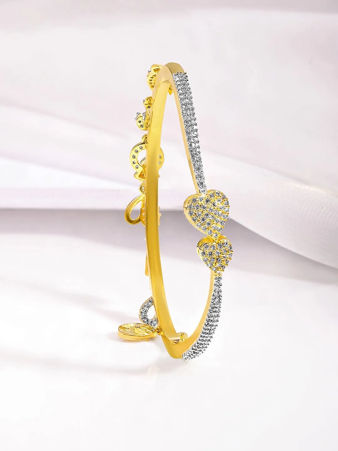 Rubans Premium 22K Gold-Plated AD & Zirconia Studded Openable Bangle Style Bracelet with Charms