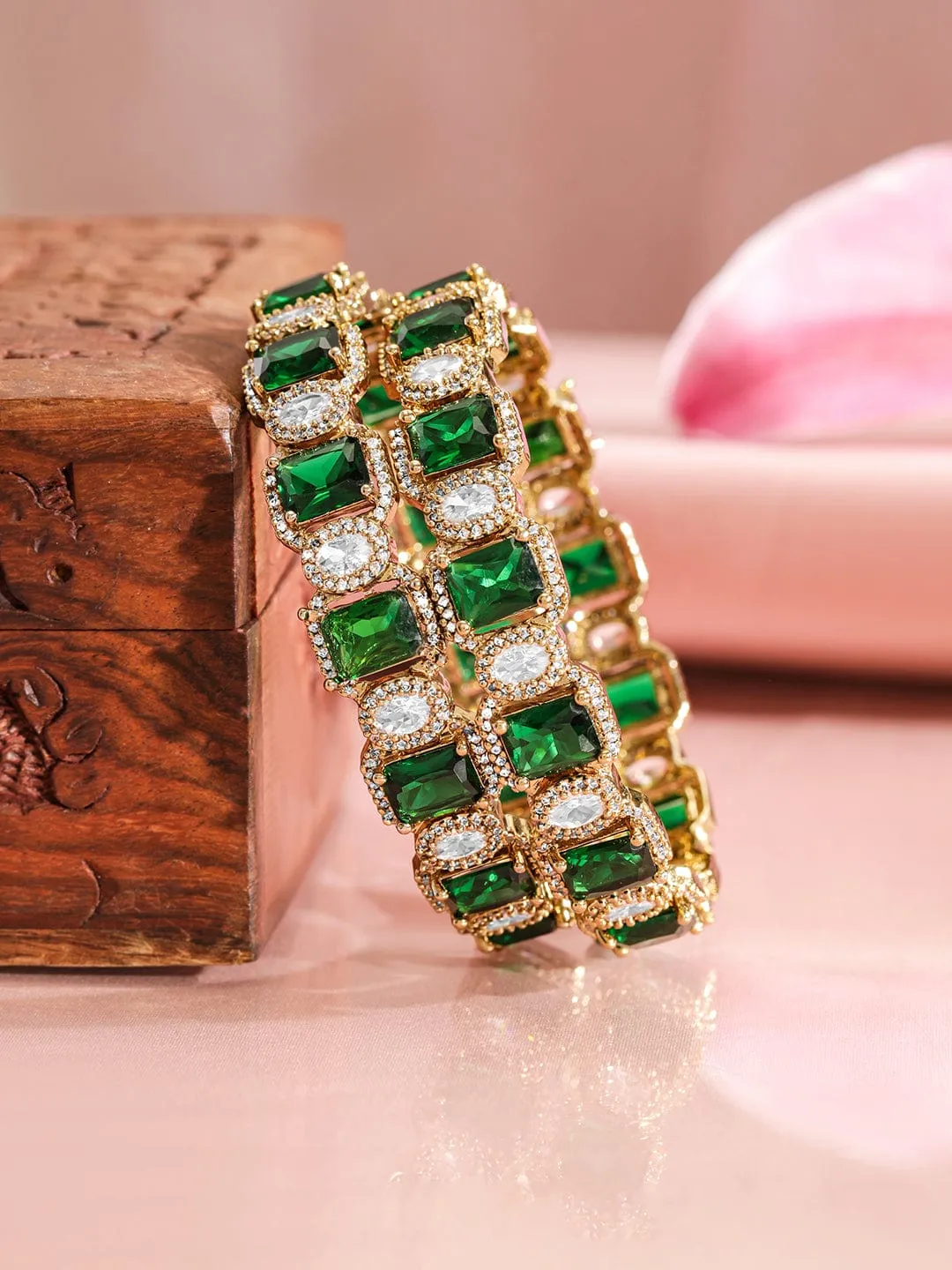 Rubans Set Of 2 22K Gold-Plated Emerald Green & White Cubic Zirconia Stone-Studded Bangles