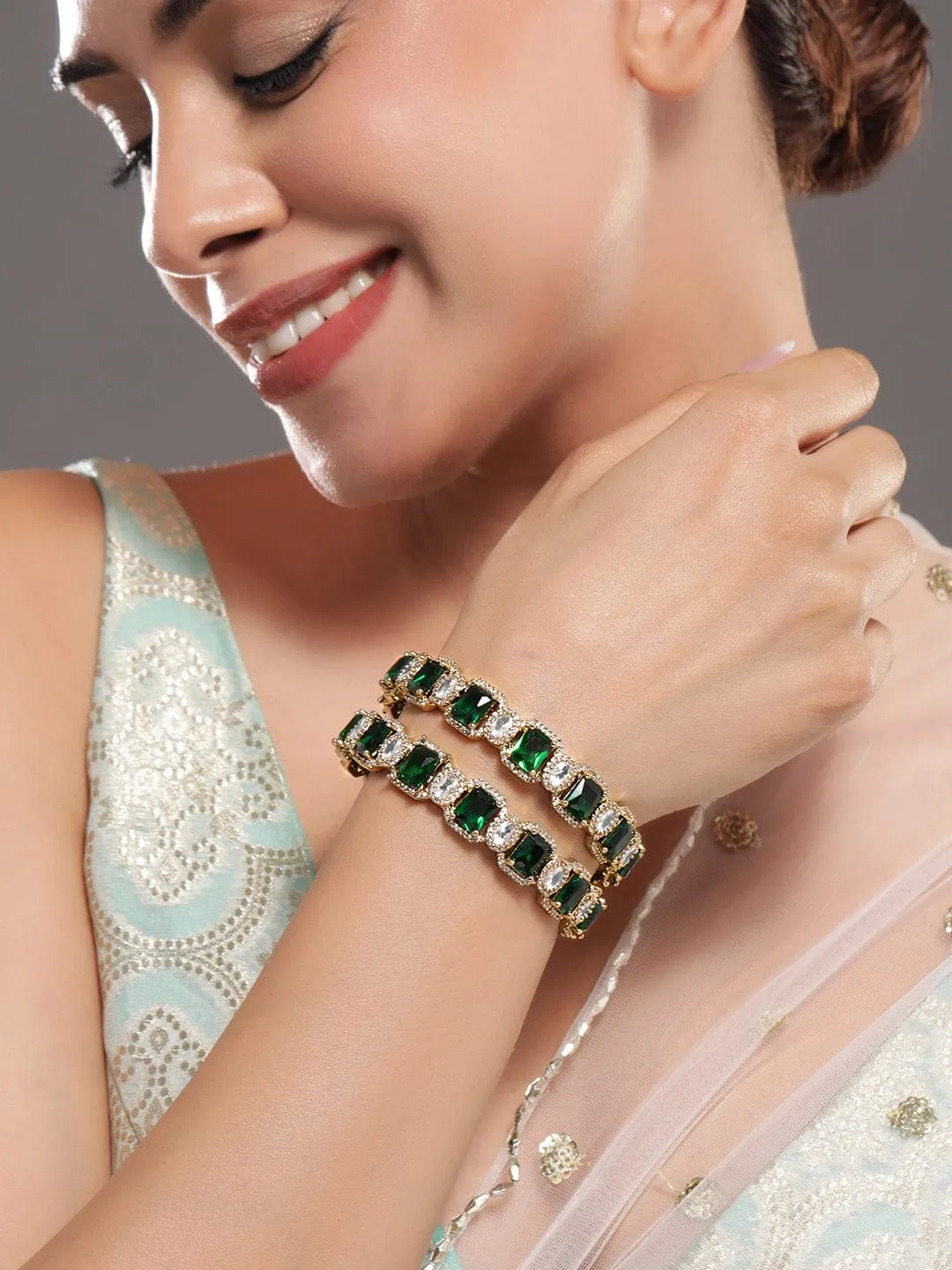 Rubans Set Of 2 22K Gold-Plated Emerald Green & White Cubic Zirconia Stone-Studded Bangles