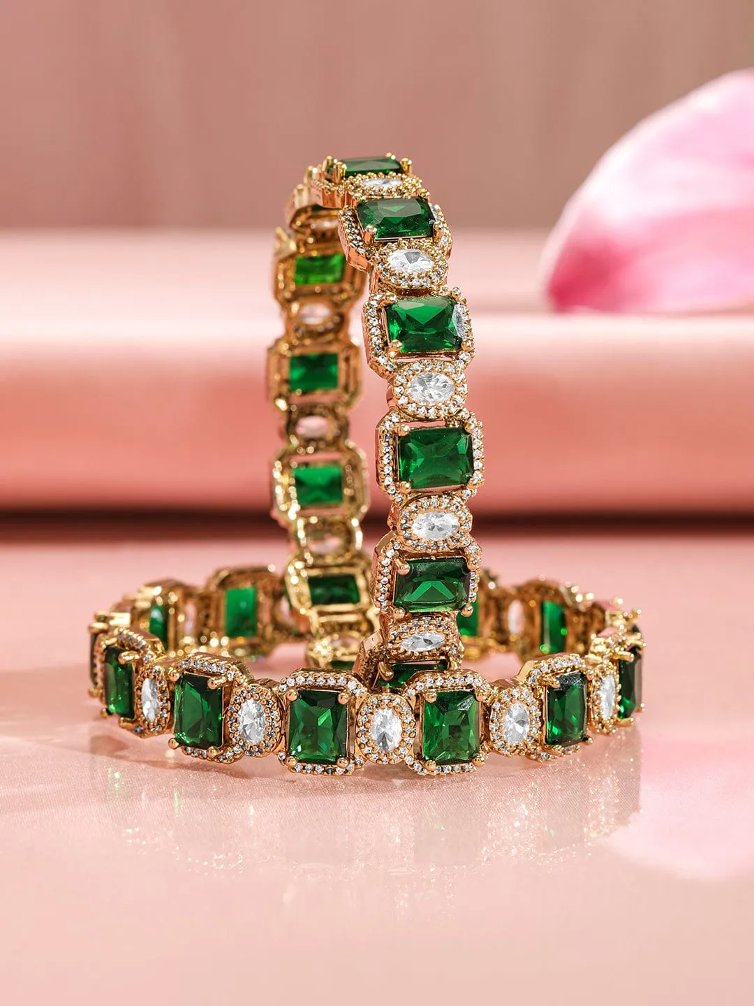 Rubans Set Of 2 22K Gold-Plated Emerald Green & White Cubic Zirconia Stone-Studded Bangles